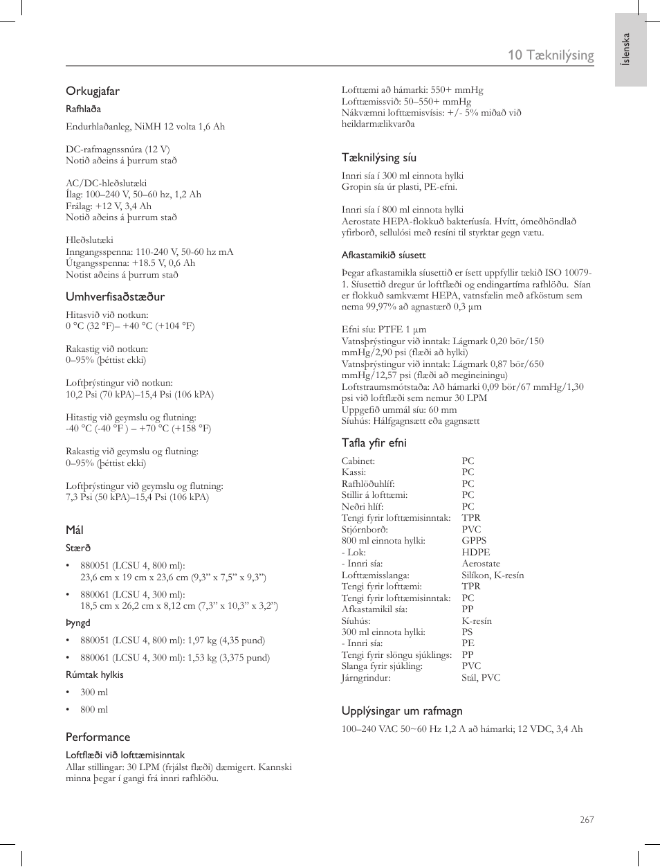 10 tæknilýsing | Laerdal Compact Suction Unit (LCSU) 4 User Manual | Page 267 / 272