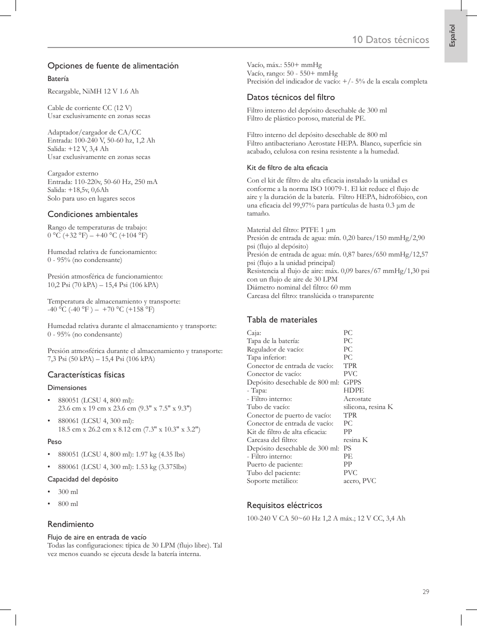 10 datos técnicos | Laerdal Compact Suction Unit (LCSU) 4 User Manual | Page 29 / 272