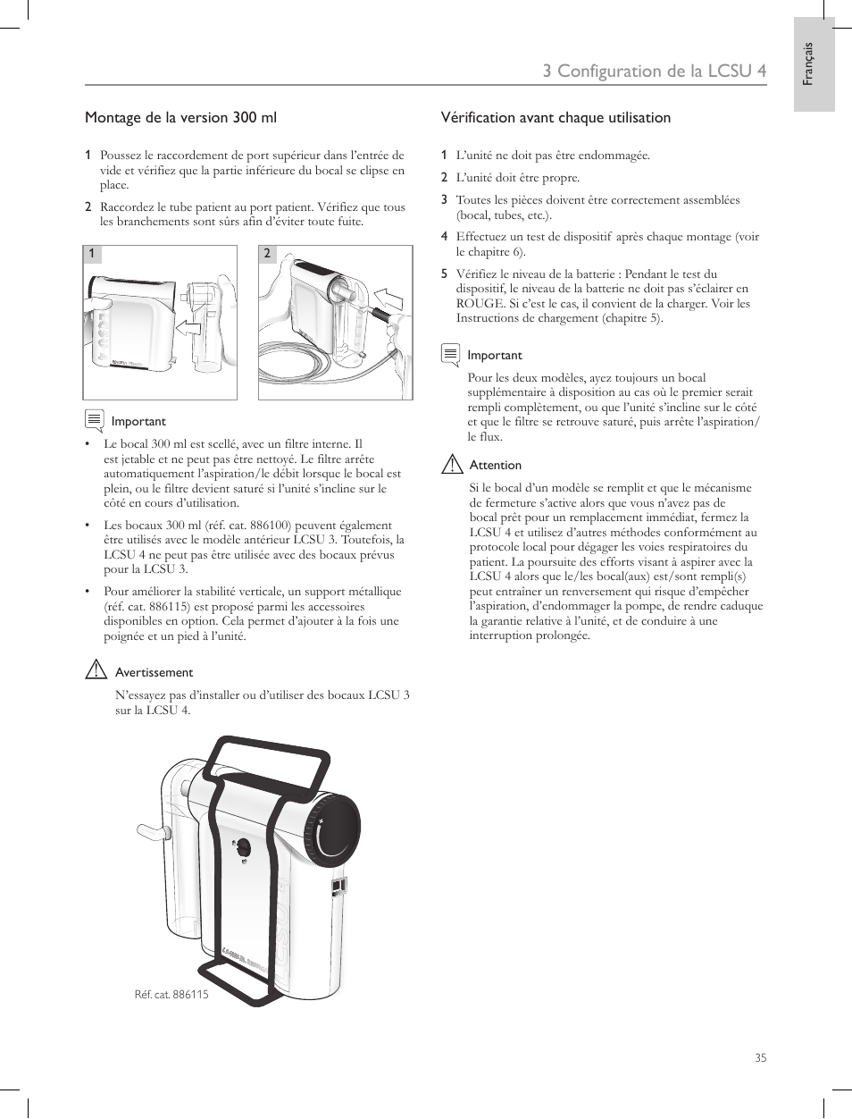 3 configuration de la lcsu 4, Montage de la version 300 ml, Vérification avant chaque utilisation | Laerdal Compact Suction Unit (LCSU) 4 User Manual | Page 35 / 272