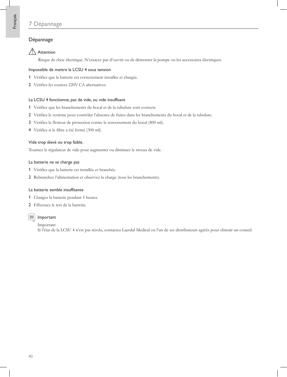 7 dépannage | Laerdal Compact Suction Unit (LCSU) 4 User Manual | Page 40 / 272