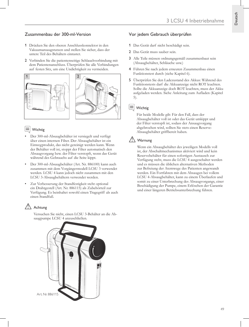 3 lcsu 4 inbetriebnahme, Zusammenbau der 300-ml-version, Vor jedem gebrauch überprüfen | Laerdal Compact Suction Unit (LCSU) 4 User Manual | Page 49 / 272