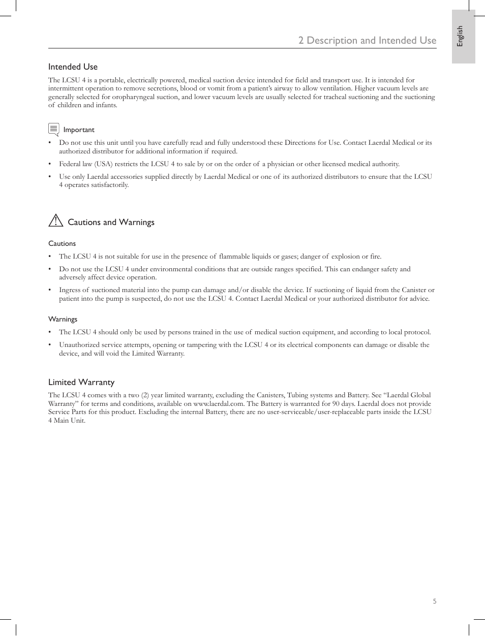 2 description and intended use | Laerdal Compact Suction Unit (LCSU) 4 User Manual | Page 5 / 272
