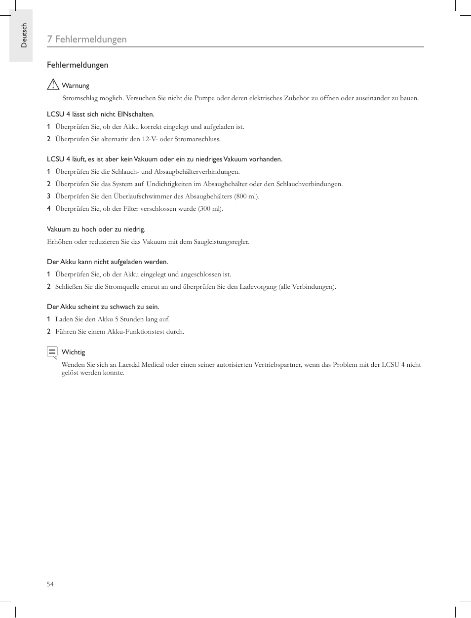 7 fehlermeldungen | Laerdal Compact Suction Unit (LCSU) 4 User Manual | Page 54 / 272
