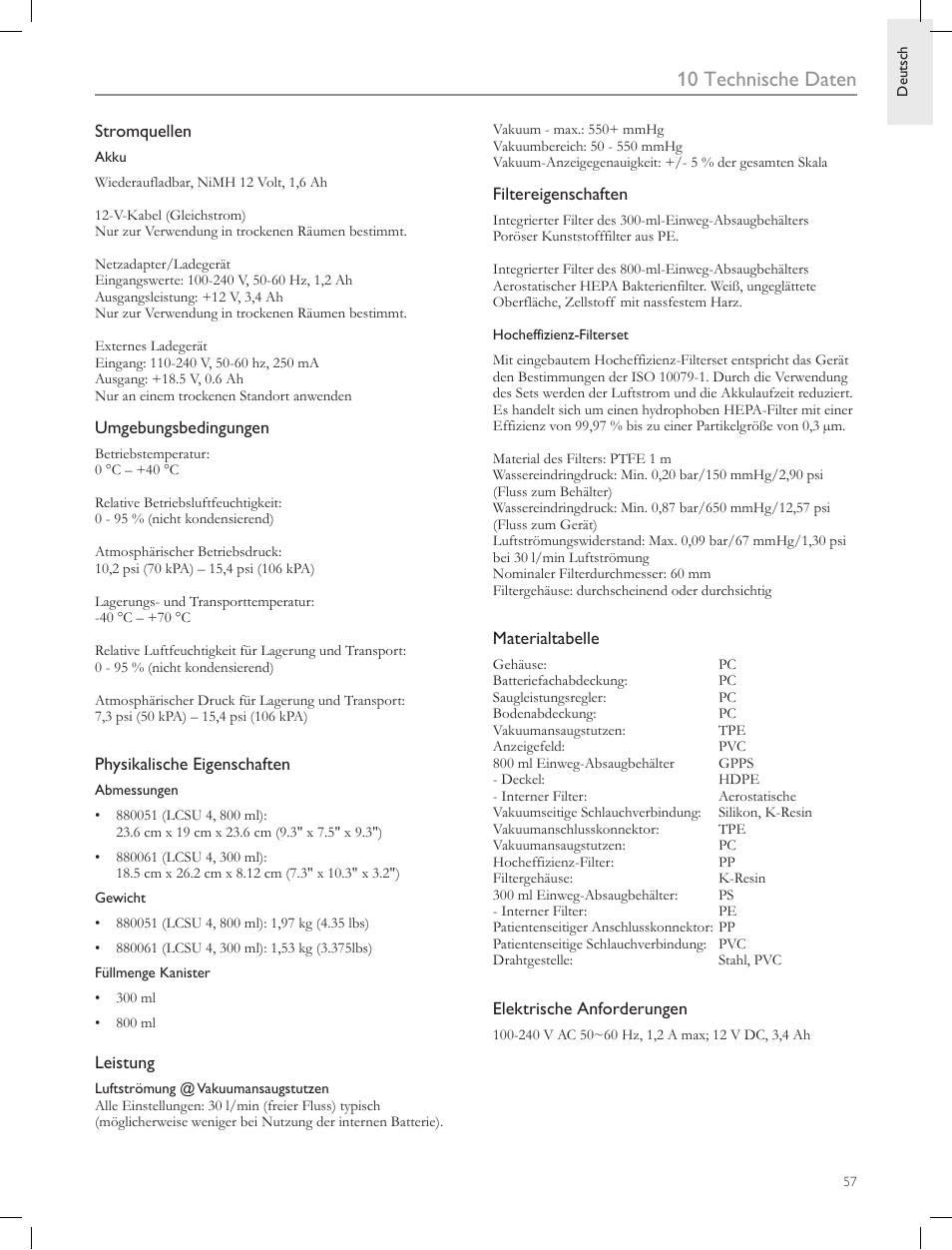 10 technische daten | Laerdal Compact Suction Unit (LCSU) 4 User Manual | Page 57 / 272