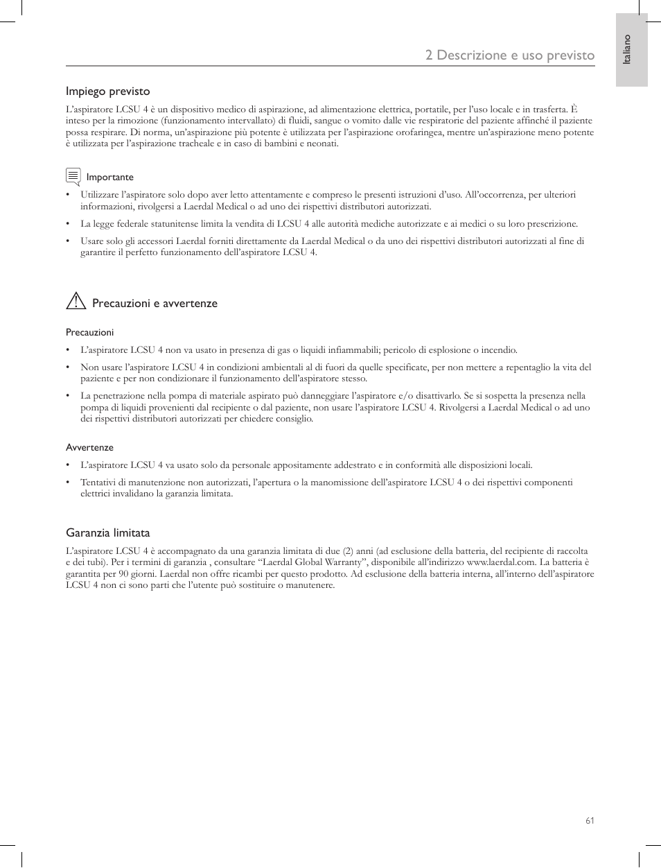 2 descrizione e uso previsto | Laerdal Compact Suction Unit (LCSU) 4 User Manual | Page 61 / 272