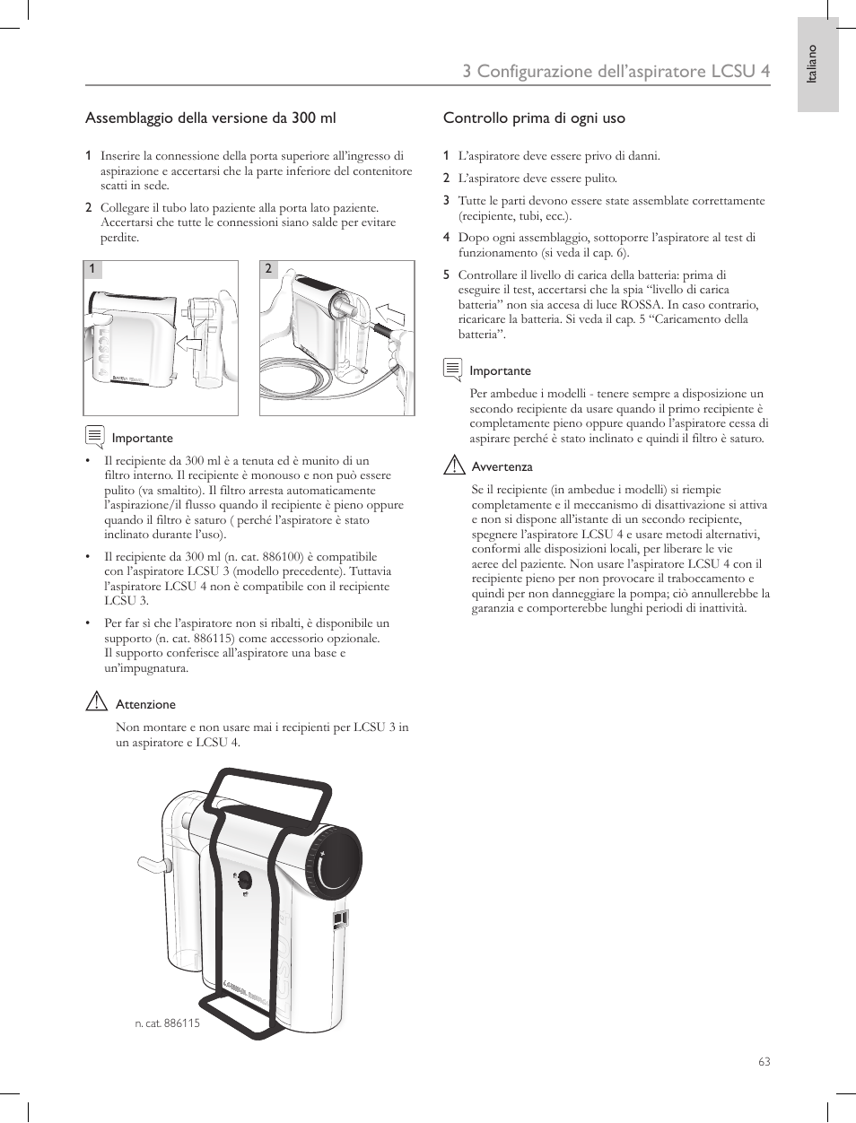 3 configurazione dell’aspiratore lcsu 4, Assemblaggio della versione da 300 ml, Controllo prima di ogni uso | Laerdal Compact Suction Unit (LCSU) 4 User Manual | Page 63 / 272