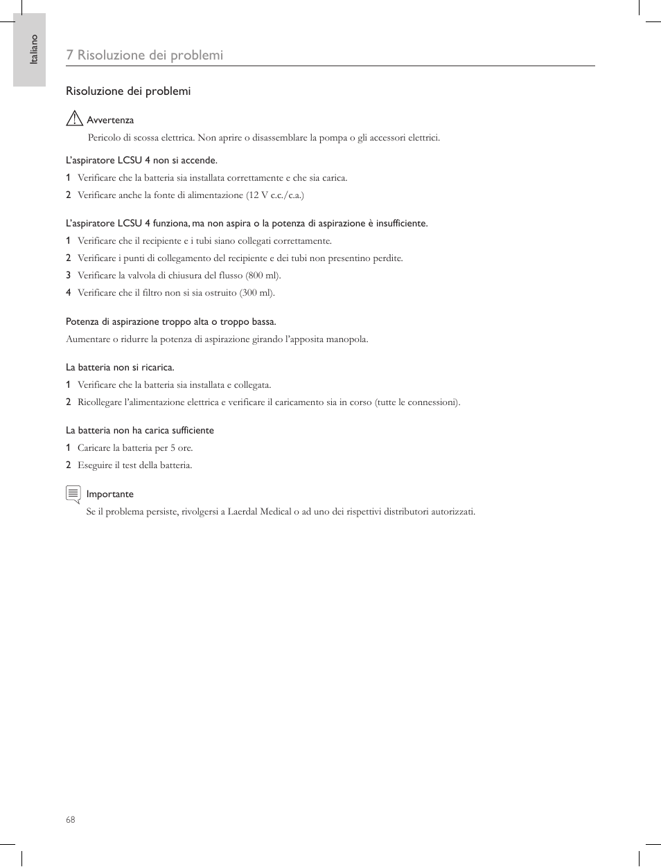 7 risoluzione dei problemi | Laerdal Compact Suction Unit (LCSU) 4 User Manual | Page 68 / 272