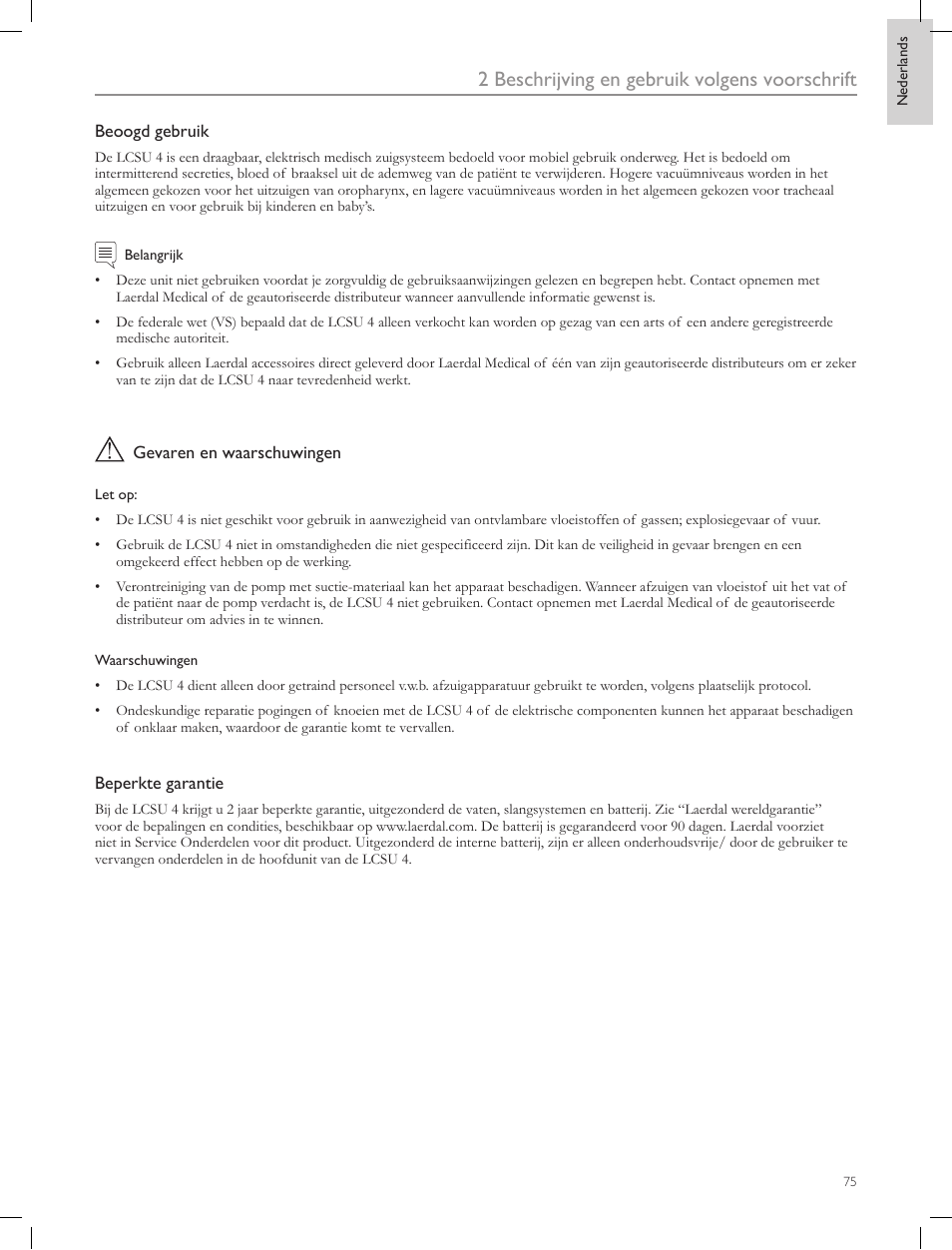2 beschrijving en gebruik volgens voorschrift | Laerdal Compact Suction Unit (LCSU) 4 User Manual | Page 75 / 272