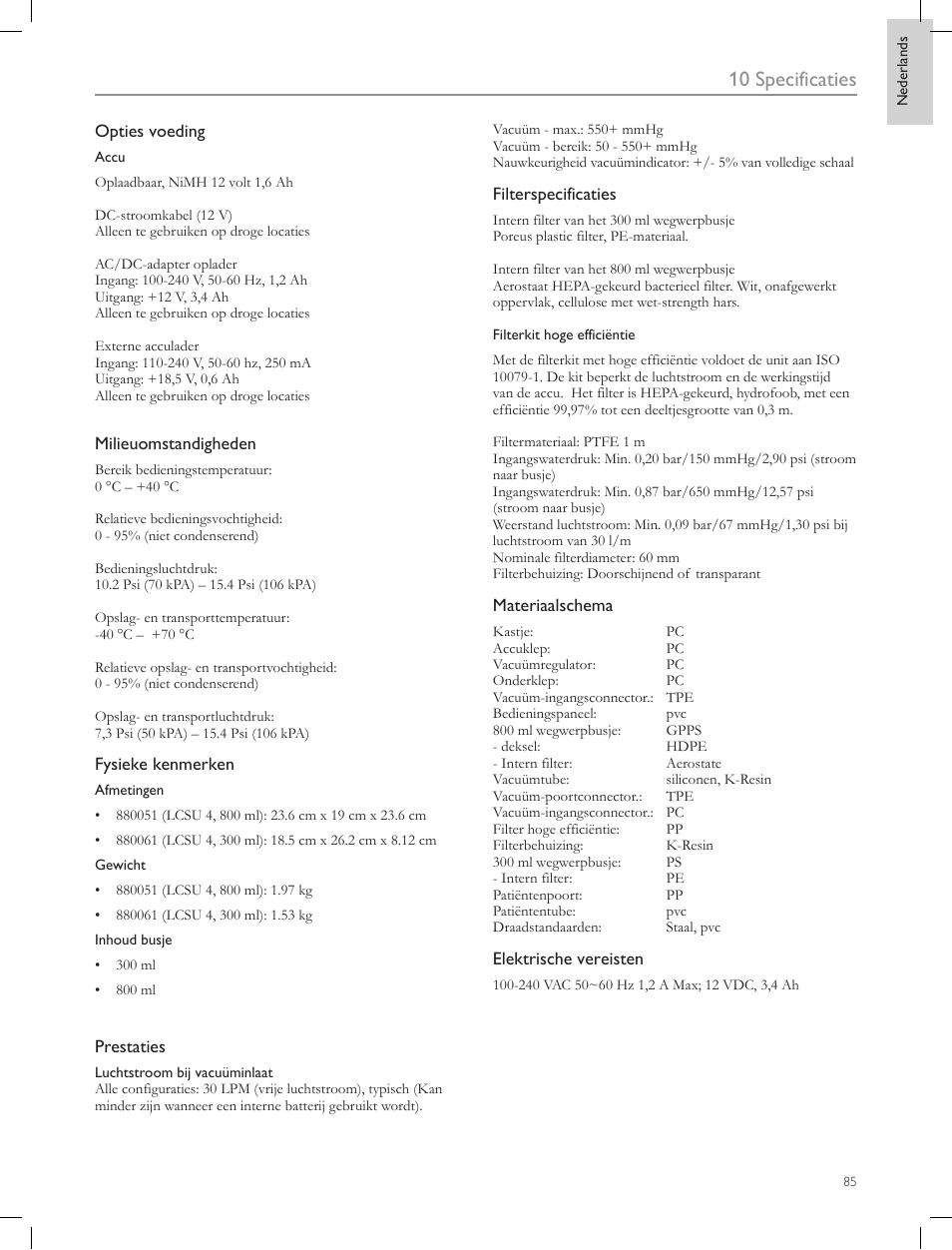 10 specificaties | Laerdal Compact Suction Unit (LCSU) 4 User Manual | Page 85 / 272