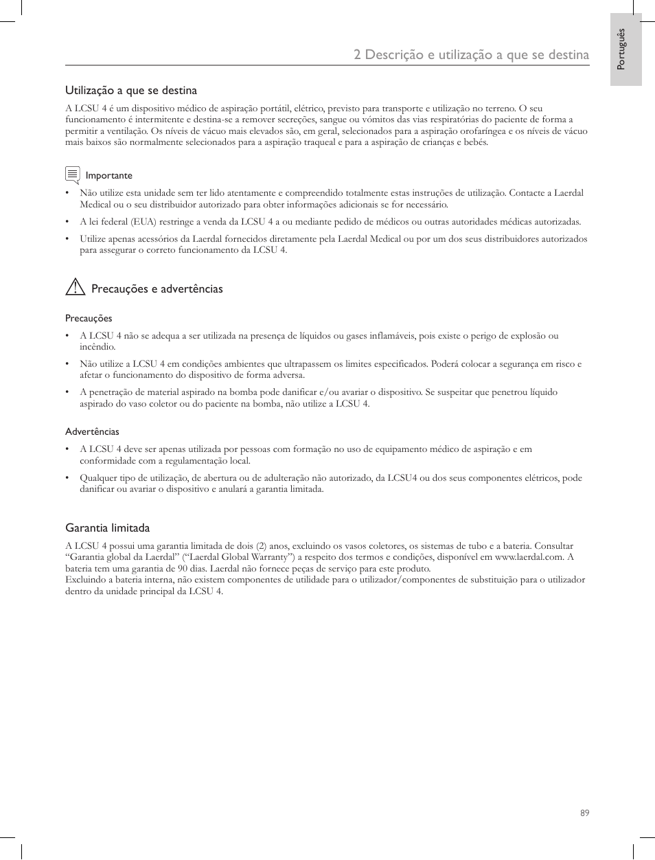 2 descrição e utilização a que se destina | Laerdal Compact Suction Unit (LCSU) 4 User Manual | Page 89 / 272