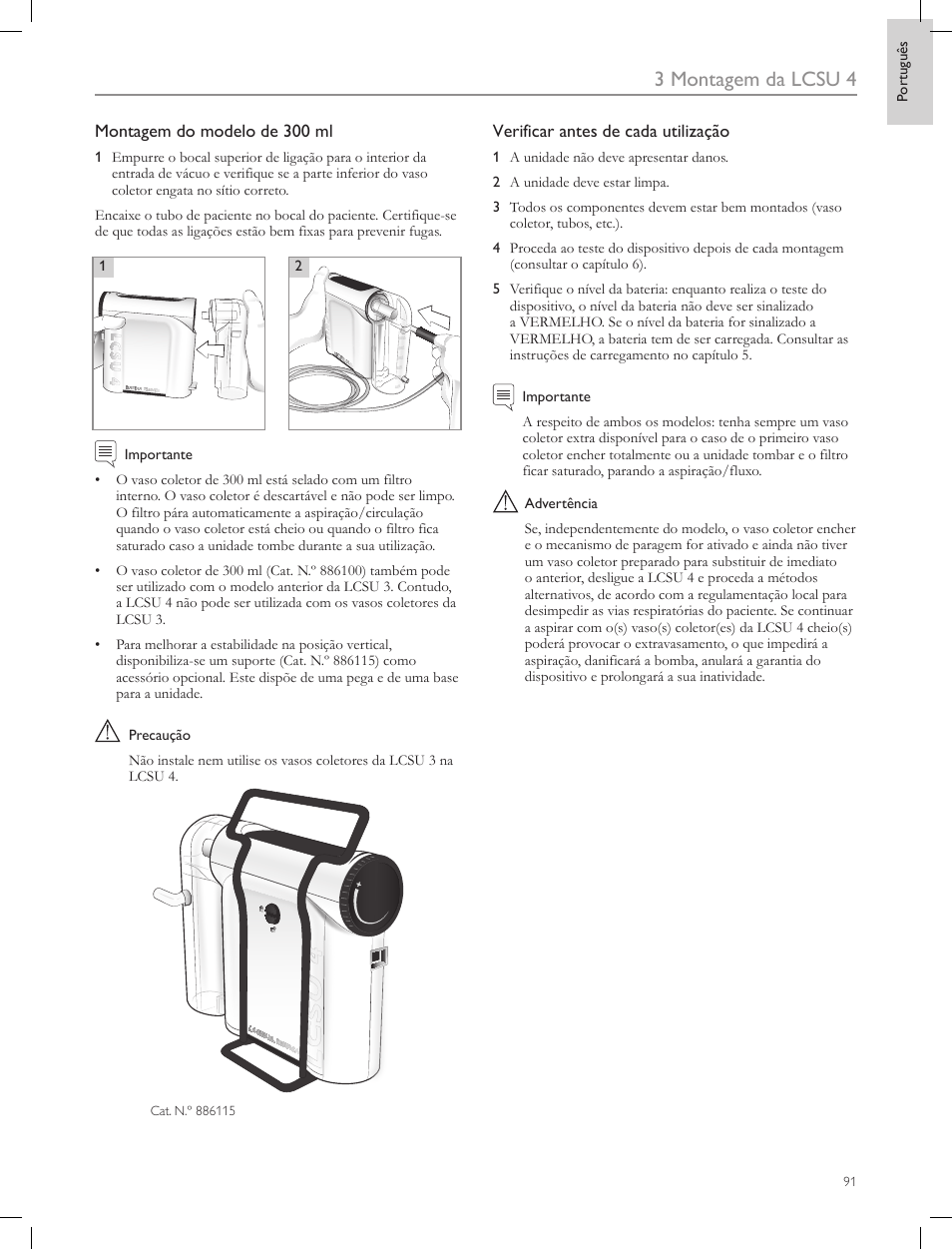 3 montagem da lcsu 4, Montagem do modelo de 300 ml, Verificar antes de cada utilização | Laerdal Compact Suction Unit (LCSU) 4 User Manual | Page 91 / 272