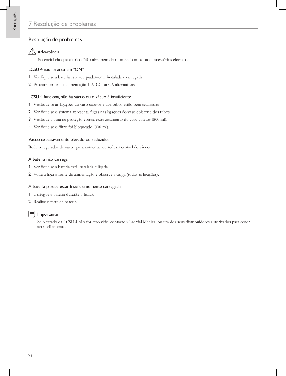 7 resolução de problemas | Laerdal Compact Suction Unit (LCSU) 4 User Manual | Page 96 / 272