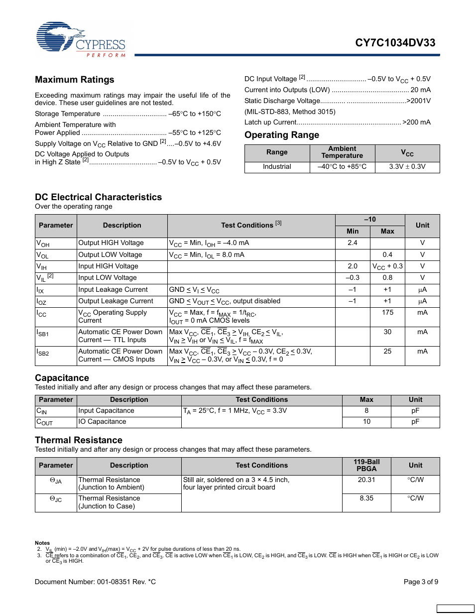 Maximum ratings, Operating range, Dc electrical characteristics | Capacitance, Thermal resistance | Cypress CY7C1034DV33 User Manual | Page 3 / 9