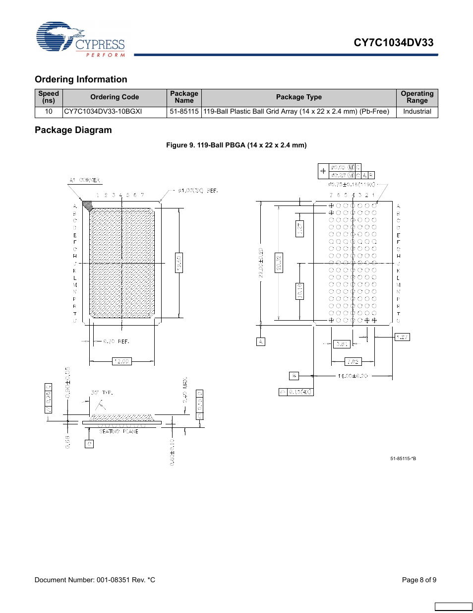 Ordering information, Package diagram | Cypress CY7C1034DV33 User Manual | Page 8 / 9