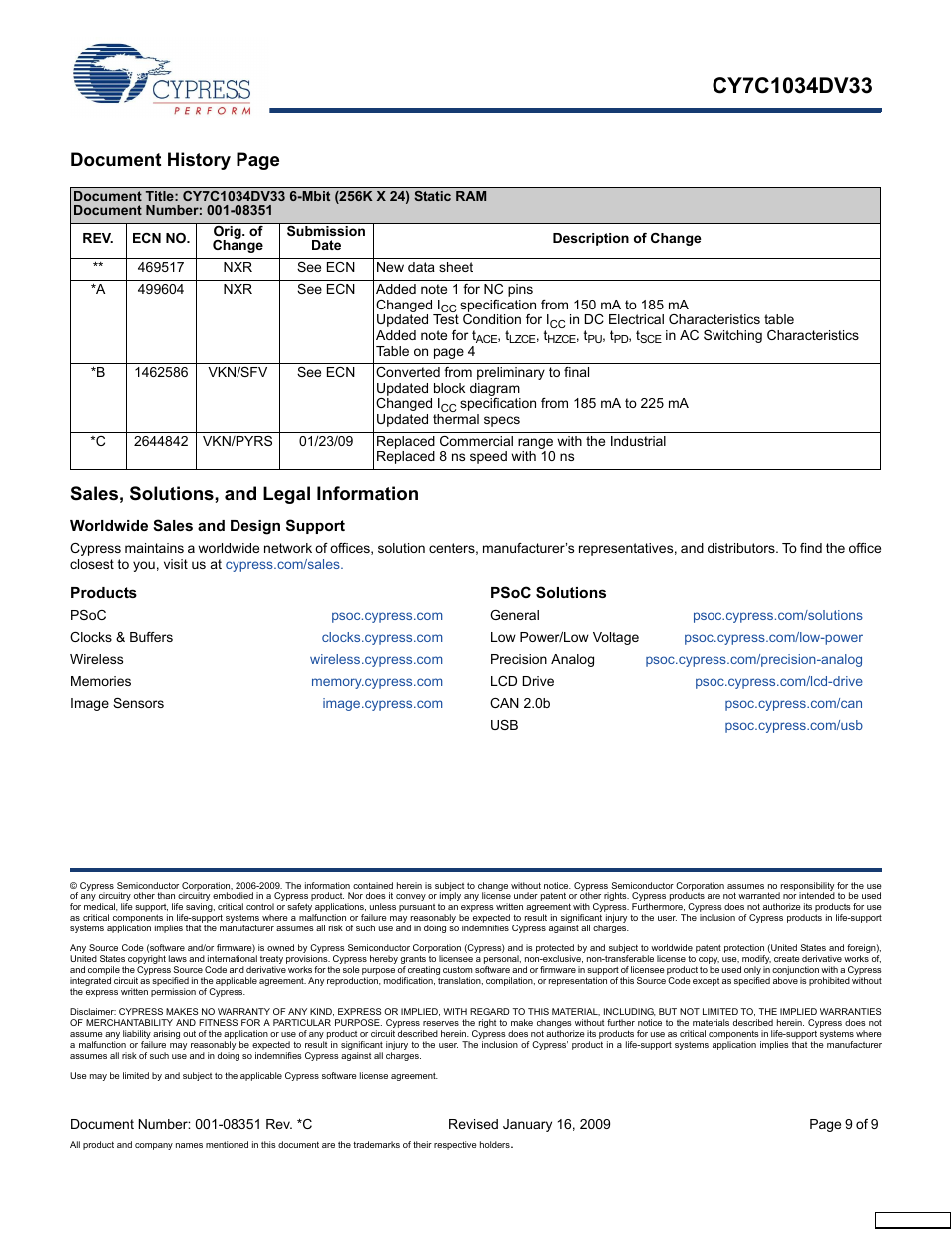 Sales, solutions, and legal information, Worldwide sales and design support, Products | Psoc solutions | Cypress CY7C1034DV33 User Manual | Page 9 / 9