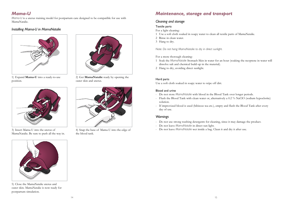 Mama-u, Maintenance, storage and transport | Laerdal LGH MamaNatalie User Manual | Page 8 / 10
