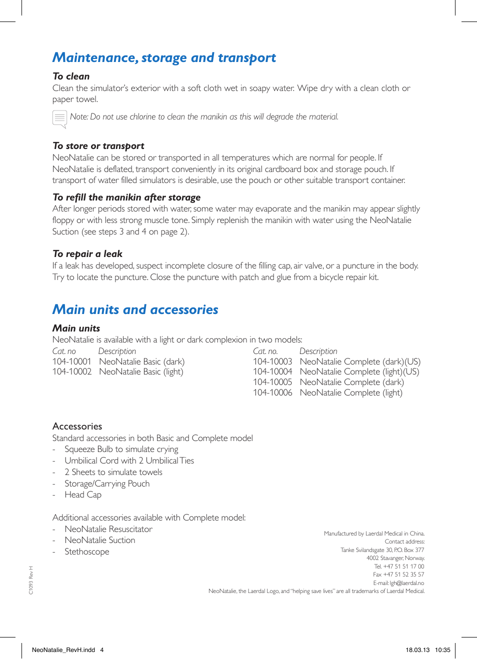Maintenance, storage and transport, Main units and accessories | Laerdal LGH NeoNatalie User Manual | Page 4 / 4