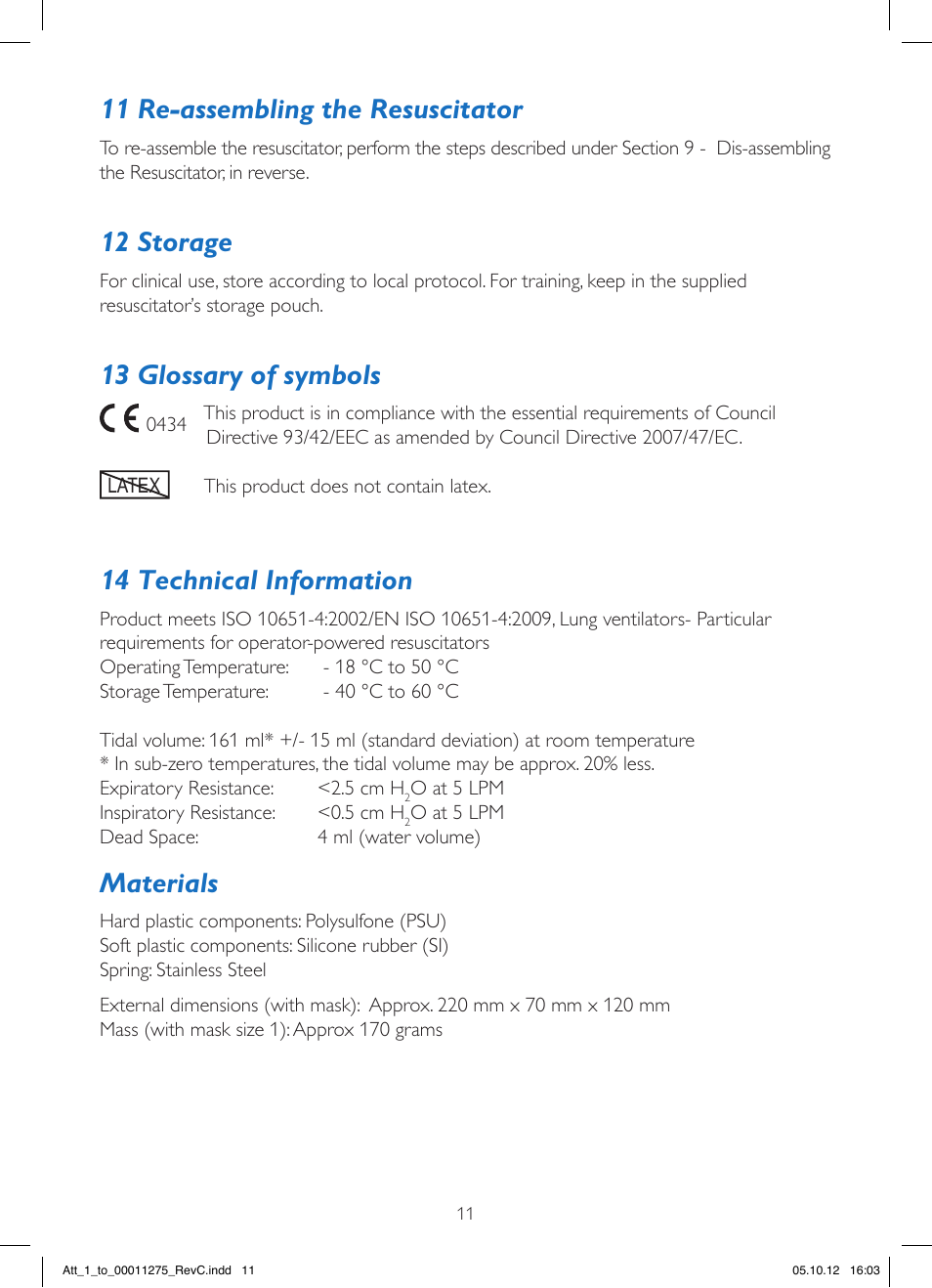 11 re-assembling the resuscitator, 12 storage, 13 glossary of symbols | 14 technical information, Materials | Laerdal LGH Simplified Resuscitator User Manual | Page 11 / 12