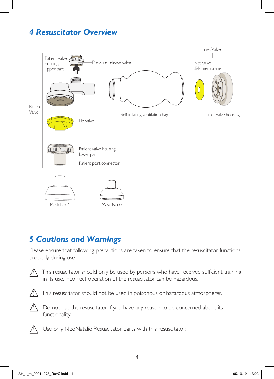 4 resuscitator overview, 5 cautions and warnings | Laerdal LGH Simplified Resuscitator User Manual | Page 4 / 12