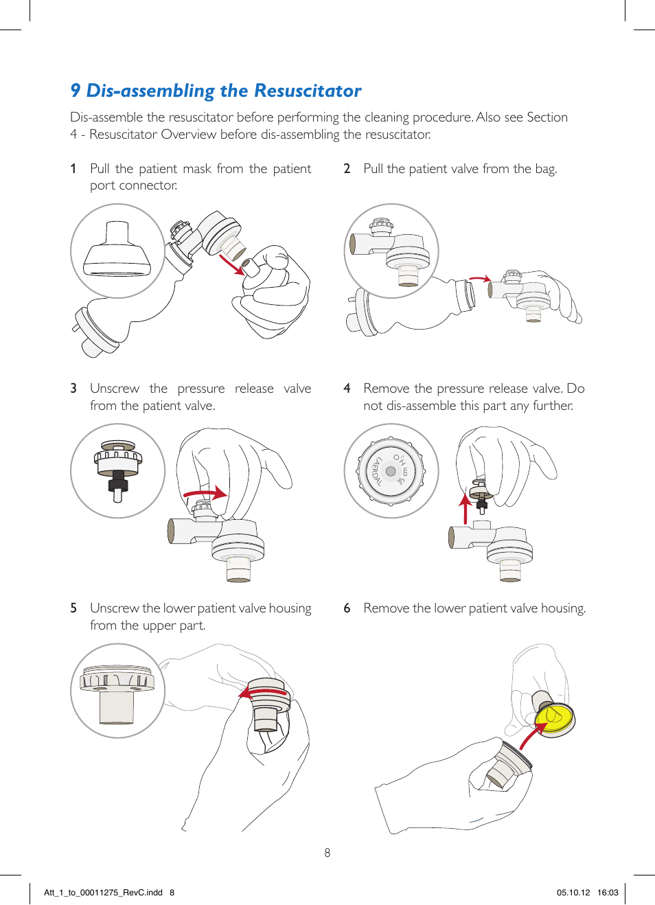 9 dis-assembling the resuscitator | Laerdal LGH Simplified Resuscitator User Manual | Page 8 / 12