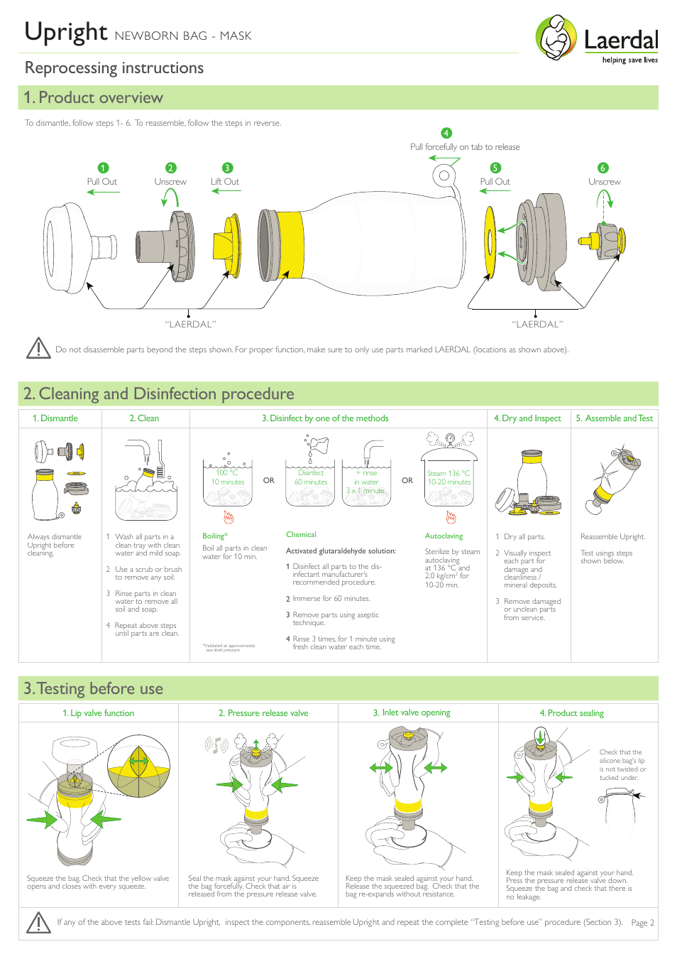 Upright, Testing before use, Reprocessing instructions | Newborn bag - mask | Laerdal LGH Upright Bag-Mask User Manual | Page 2 / 2