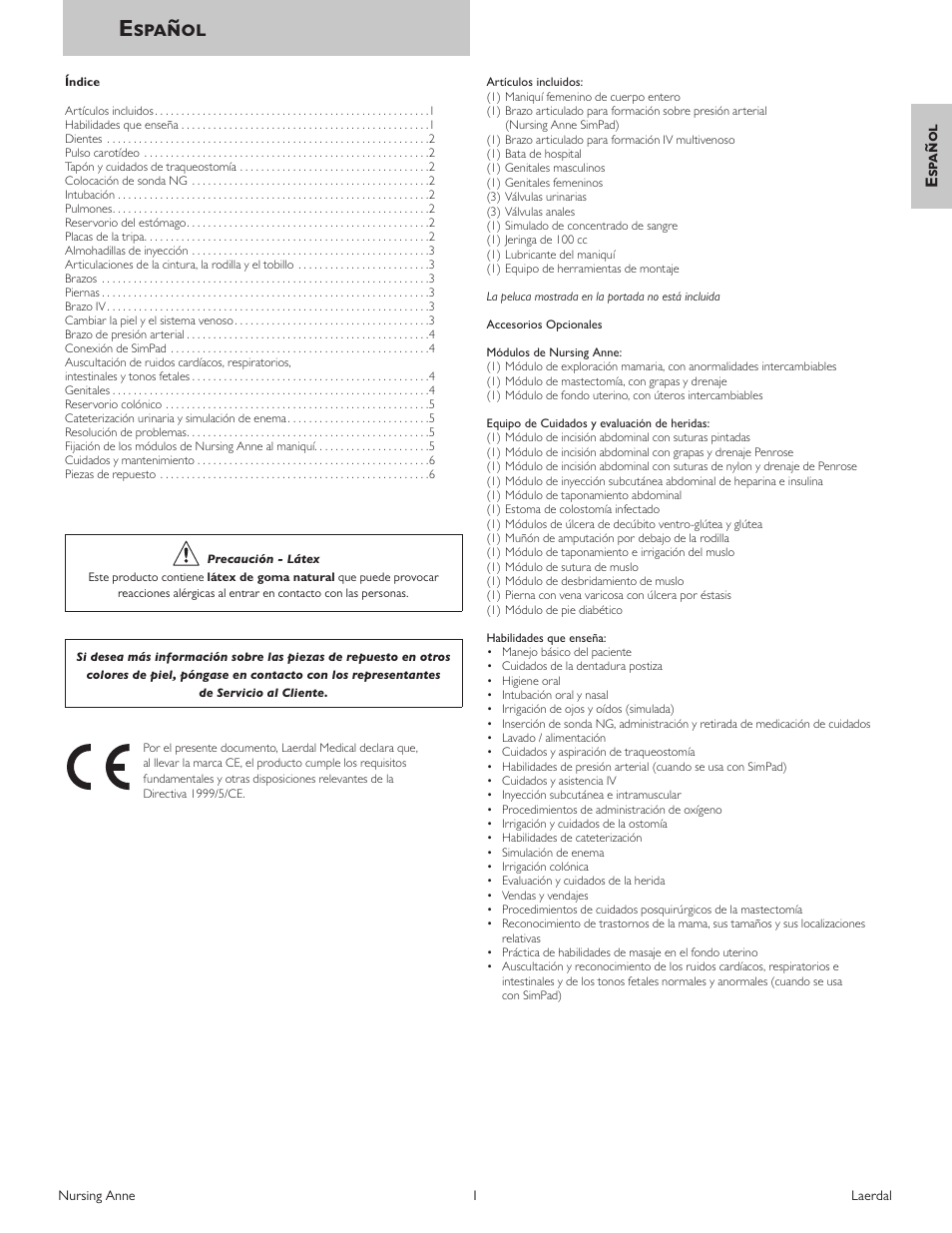 Español, Esp añol | Laerdal Nursing Anne (SimPad Capable) User Manual | Page 9 / 76