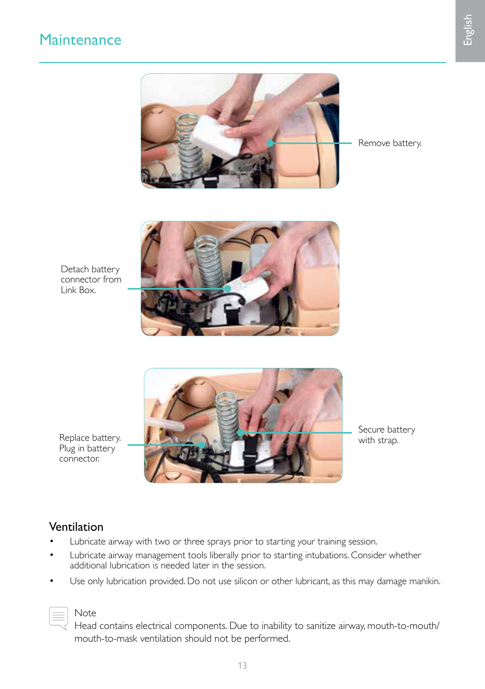 Maintenance, Ventilation | Laerdal Resusci Anne Advanced SkillTrainer with SimPad User Manual | Page 13 / 68