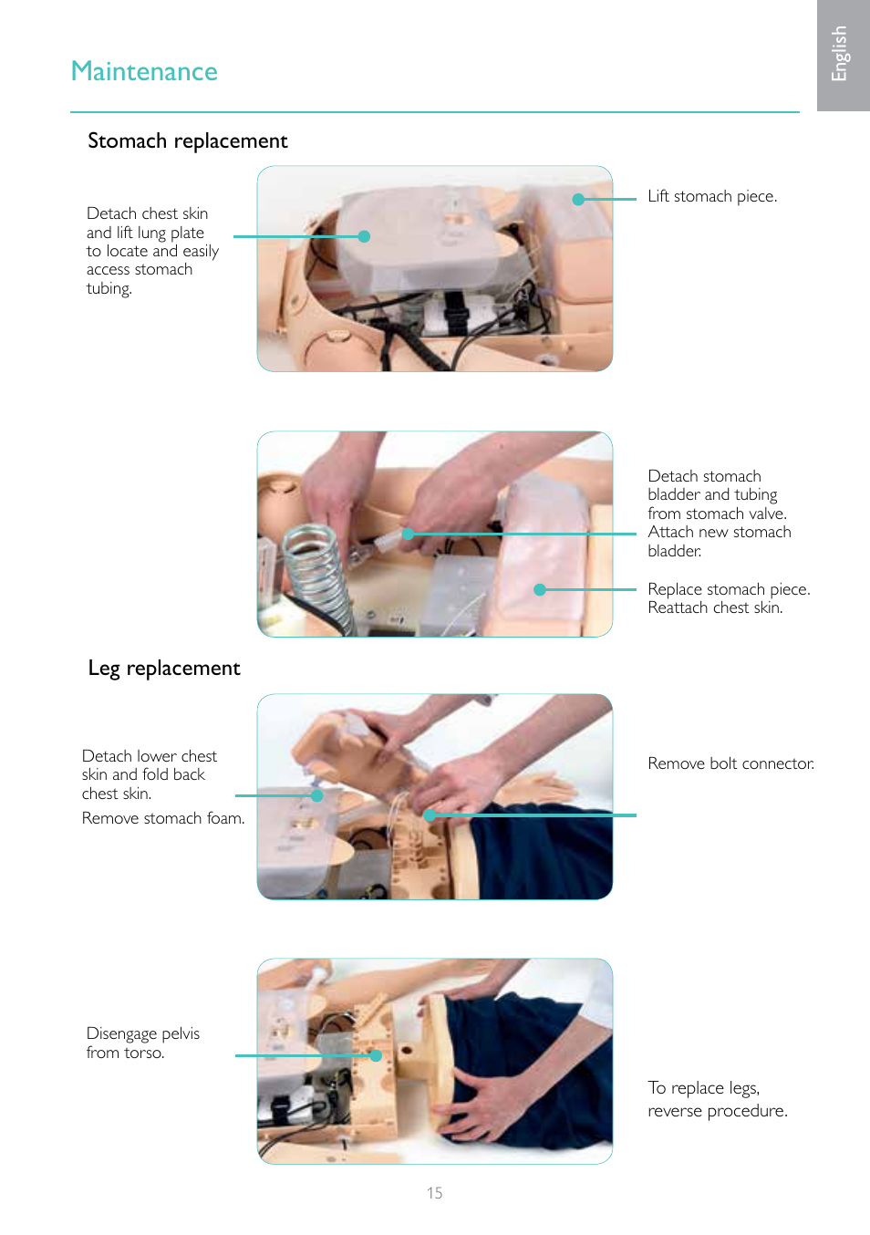 Maintenance, Stomach replacement leg replacement | Laerdal Resusci Anne Advanced SkillTrainer with SimPad User Manual | Page 15 / 68