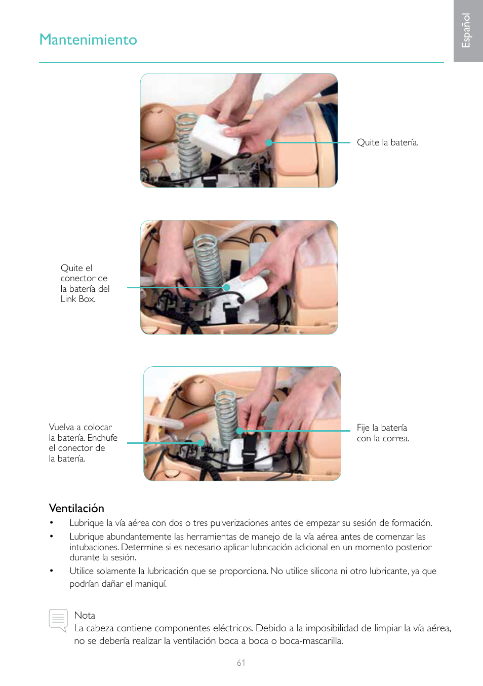 Mantenimiento, Ventilación | Laerdal Resusci Anne Advanced SkillTrainer with SimPad User Manual | Page 61 / 68