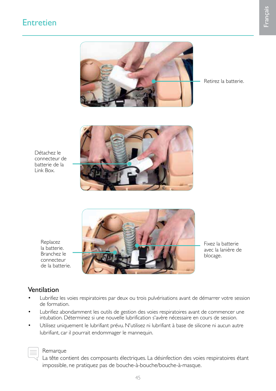 Entretien, Ventilation | Laerdal Resusci Anne Advanced SkillTrainer with SimPad User Manual | Page 45 / 100