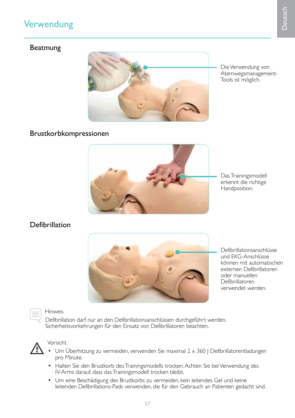 Verwendung, Beatmung, Brustkorbkompressionen defibrillation | Laerdal Resusci Anne Advanced SkillTrainer with SimPad User Manual | Page 57 / 100