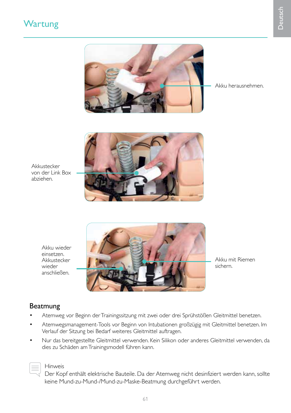 Wartung, Beatmung | Laerdal Resusci Anne Advanced SkillTrainer with SimPad User Manual | Page 61 / 100