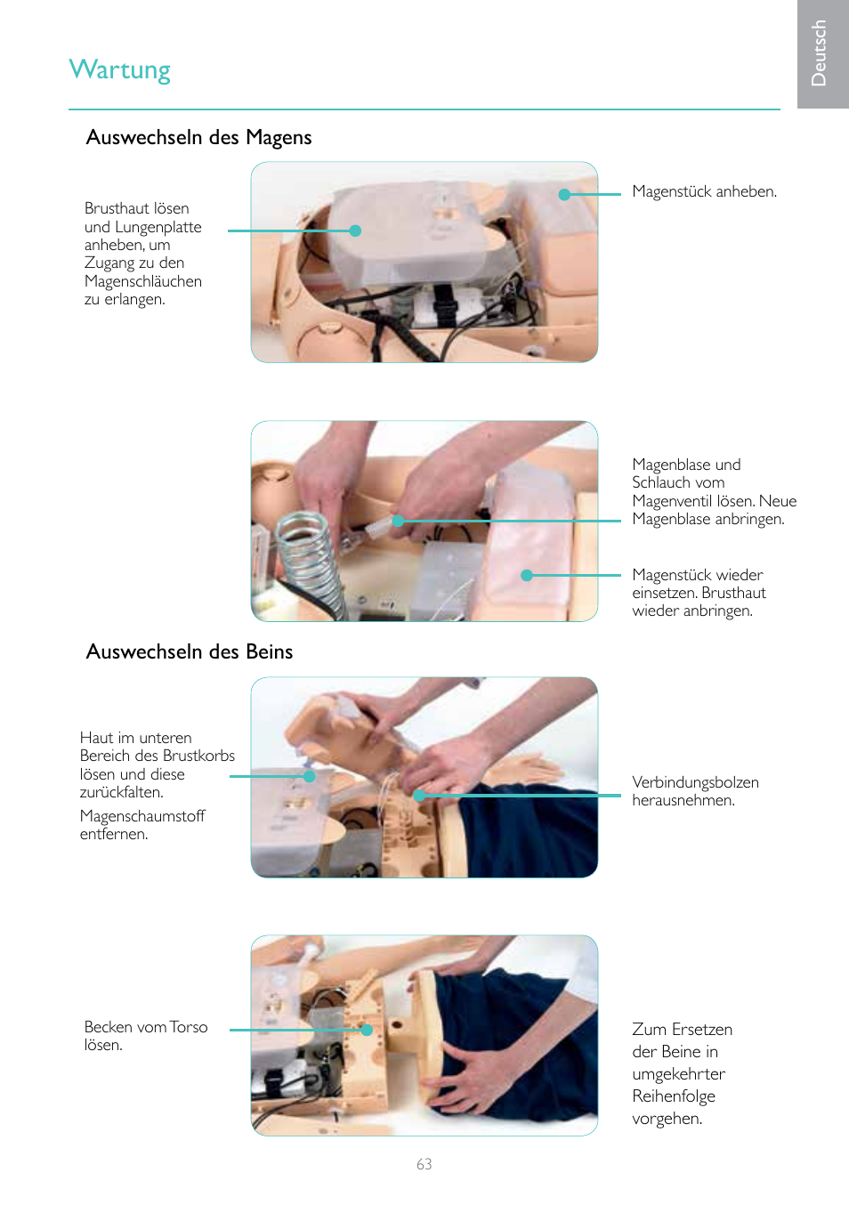 Wartung, Auswechseln des magens auswechseln des beins | Laerdal Resusci Anne Advanced SkillTrainer with SimPad User Manual | Page 63 / 100