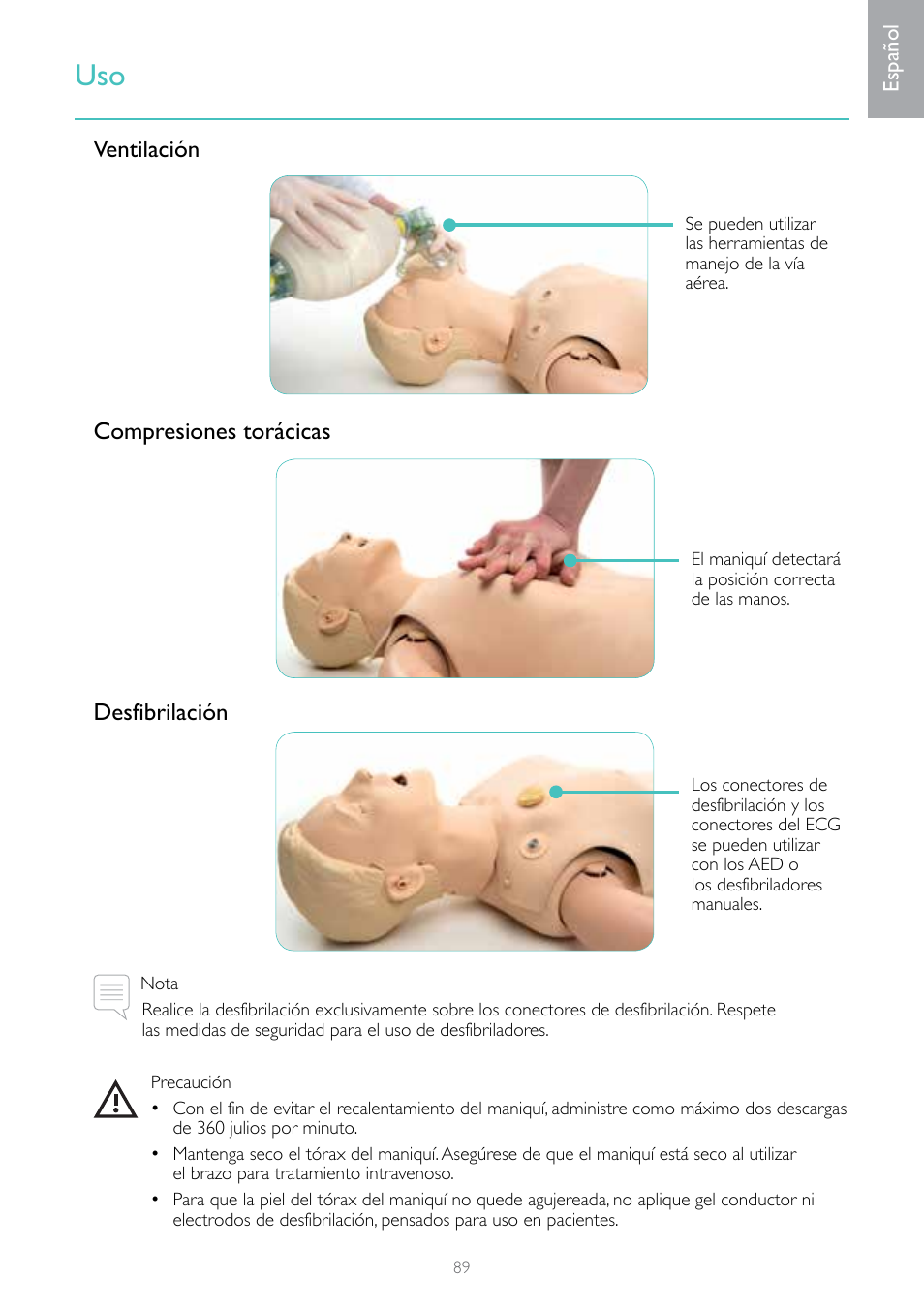 Ventilación compresiones torácicas desfibrilación | Laerdal Resusci Anne Advanced SkillTrainer with SimPad User Manual | Page 89 / 100