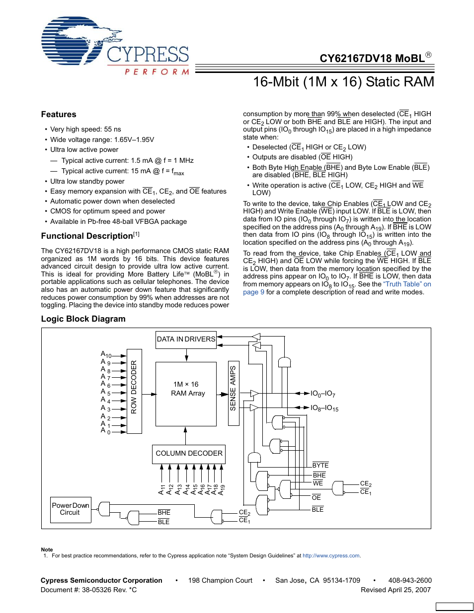 Cypress CY62167DV18 User Manual | 11 pages