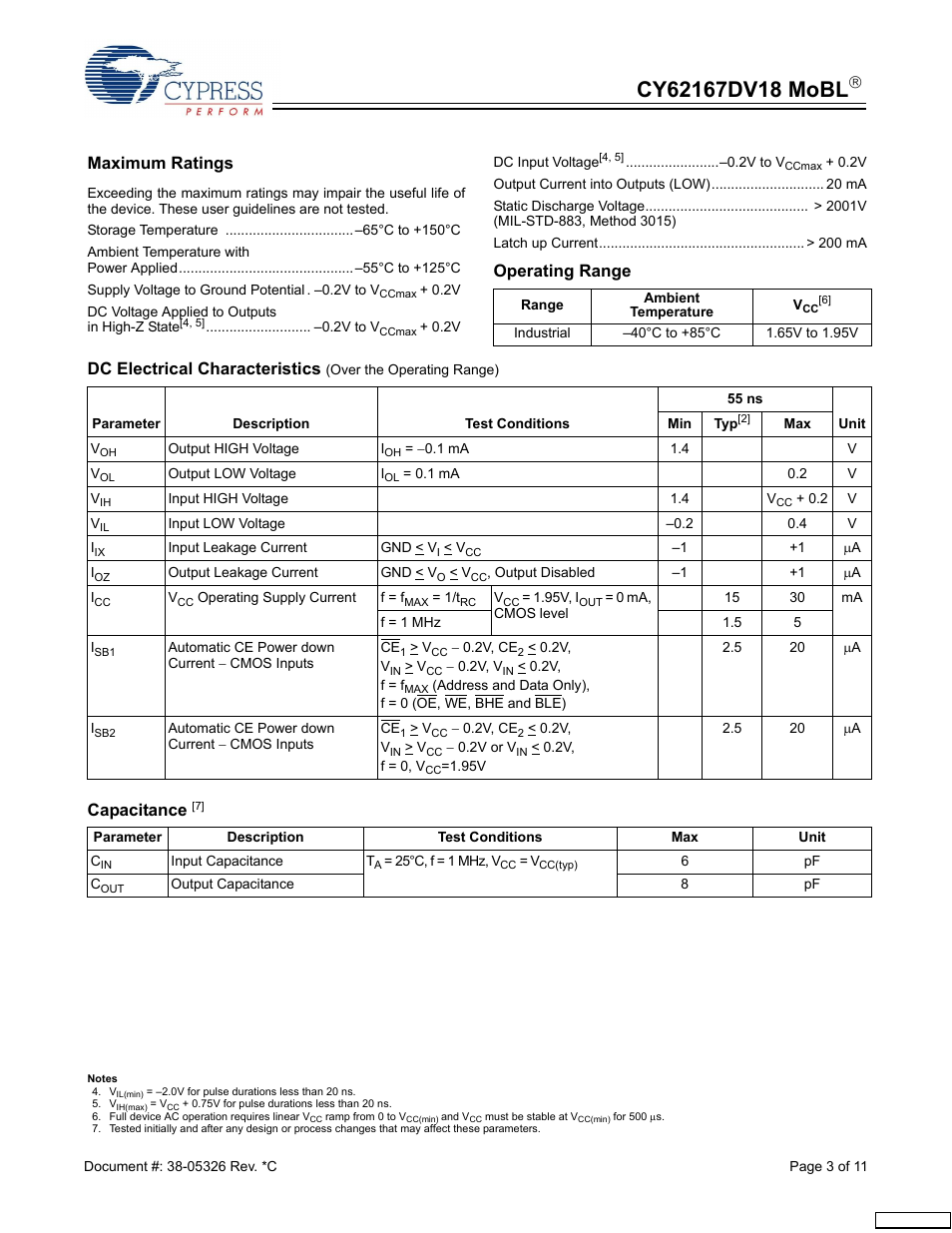 Maximum ratings, Operating range, Dc electrical characteristics | Capacitance | Cypress CY62167DV18 User Manual | Page 3 / 11