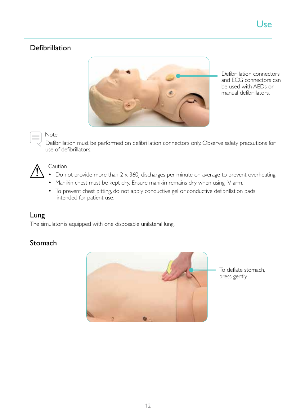 Defibrillation, Lung, Stomach | Laerdal Resusci Anne Simulator User Manual | Page 12 / 84