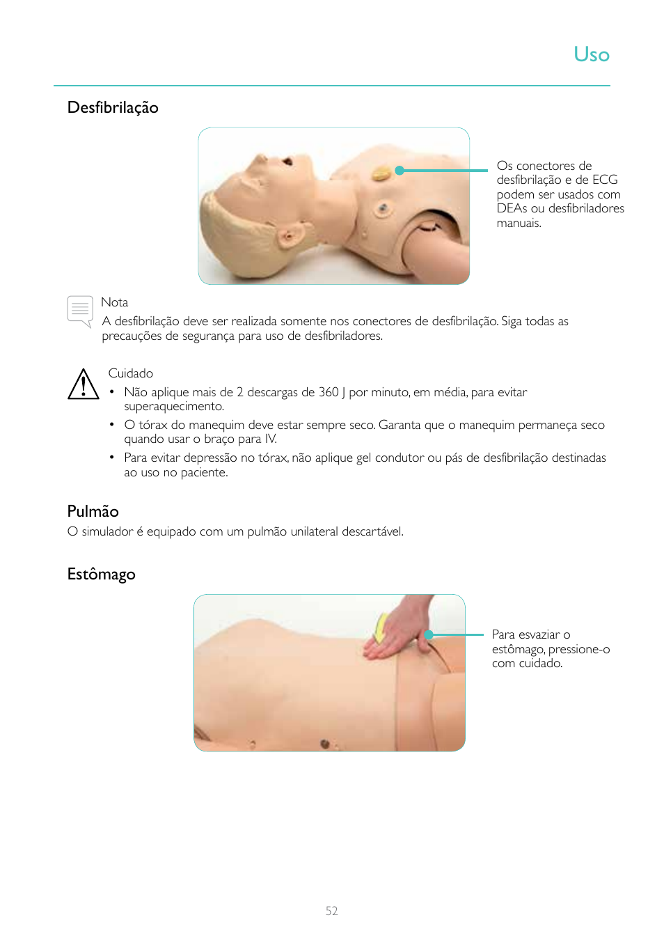 Desfibrilação, Pulmão, Estômago | Laerdal Resusci Anne Simulator User Manual | Page 52 / 84