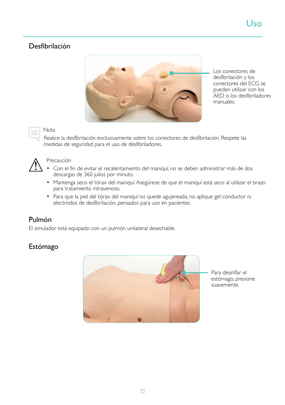 Desfibrilación, Pulmón, Estómago | Laerdal Resusci Anne Simulator User Manual | Page 72 / 84