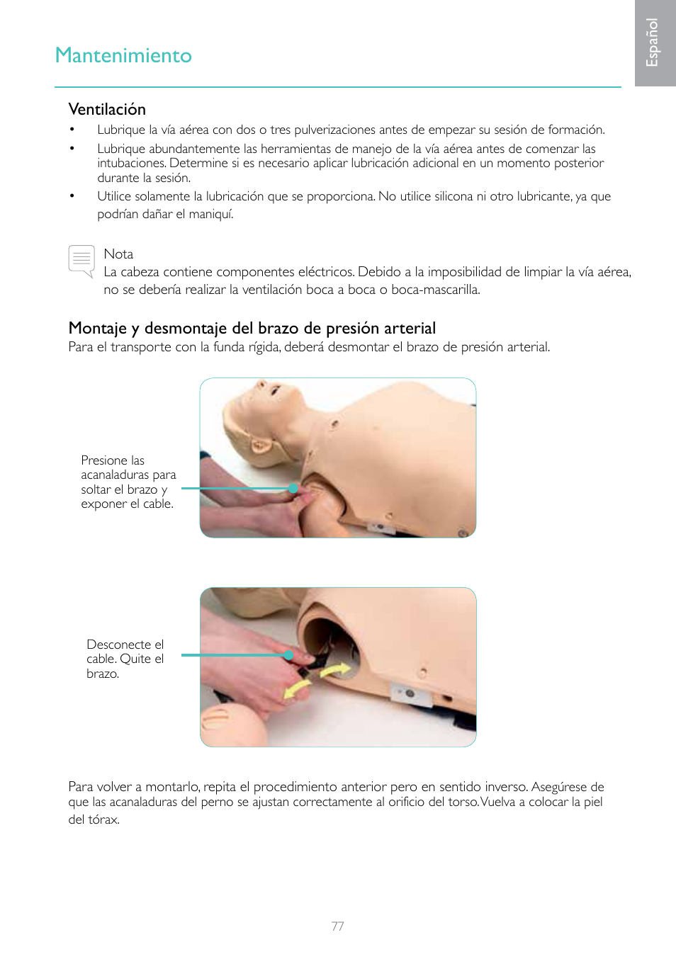 Mantenimiento, Ventilación, Montaje y desmontaje del brazo de presión arterial | Laerdal Resusci Anne Simulator User Manual | Page 77 / 84