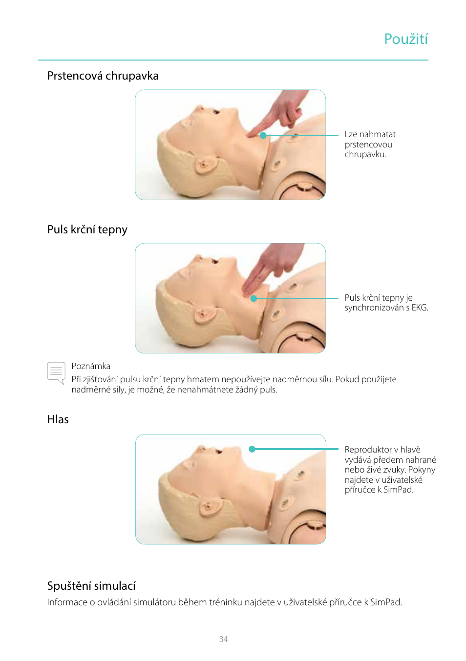 Použití, Prstencová chrupavka puls krční tepny, Hlas spuštění simulací | Laerdal Resusci Anne Simulator User Manual | Page 34 / 104