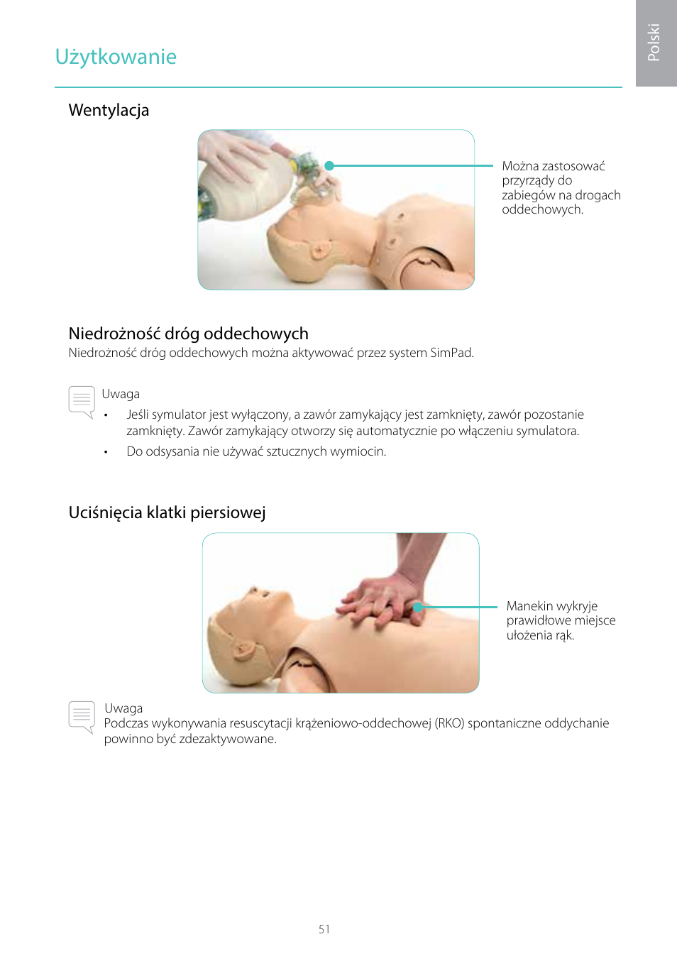 Użytkowanie, Wentylacja niedrożność dróg oddechowych, Uciśnięcia klatki piersiowej | Laerdal Resusci Anne Simulator User Manual | Page 51 / 104