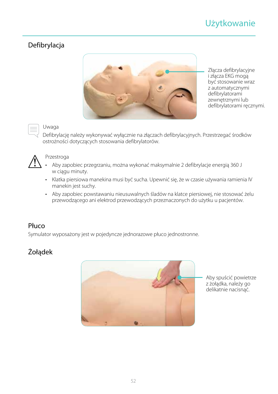 Użytkowanie, Defibrylacja, Płuco | Żołądek | Laerdal Resusci Anne Simulator User Manual | Page 52 / 104