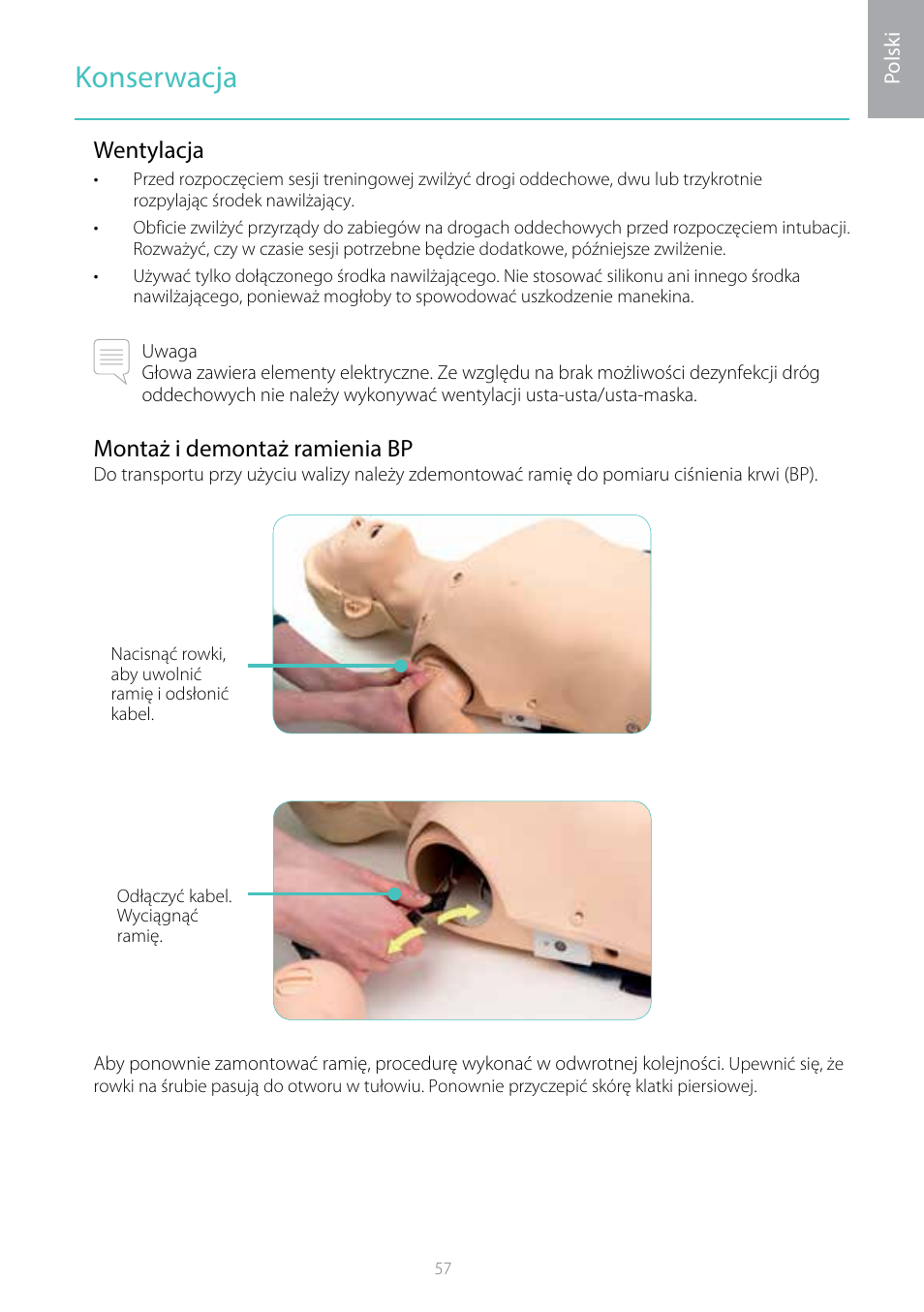 Konserwacja, Wentylacja, Montaż i demontaż ramienia bp | Laerdal Resusci Anne Simulator User Manual | Page 57 / 104