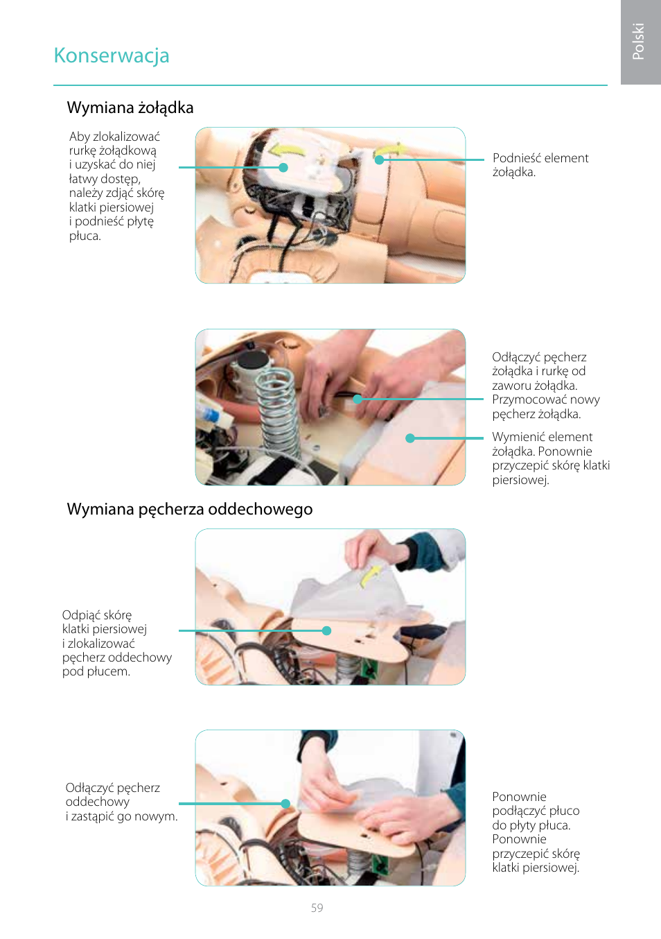 Konserwacja, Wymiana żołądka wymiana pęcherza oddechowego | Laerdal Resusci Anne Simulator User Manual | Page 59 / 104