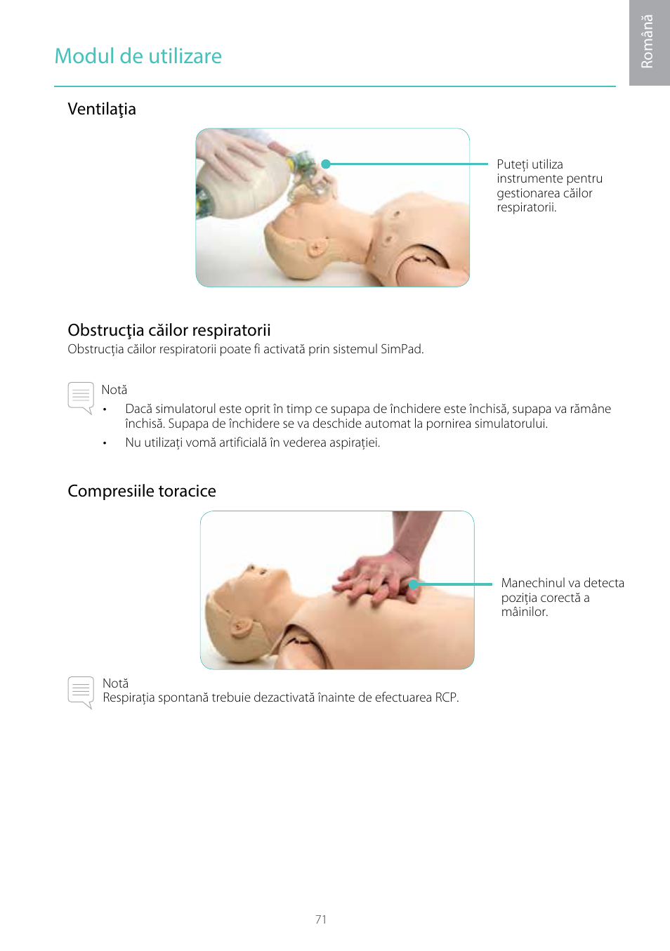 Modul de utilizare, Ventilaţia obstrucţia căilor respiratorii, Compresiile toracice | Laerdal Resusci Anne Simulator User Manual | Page 71 / 104