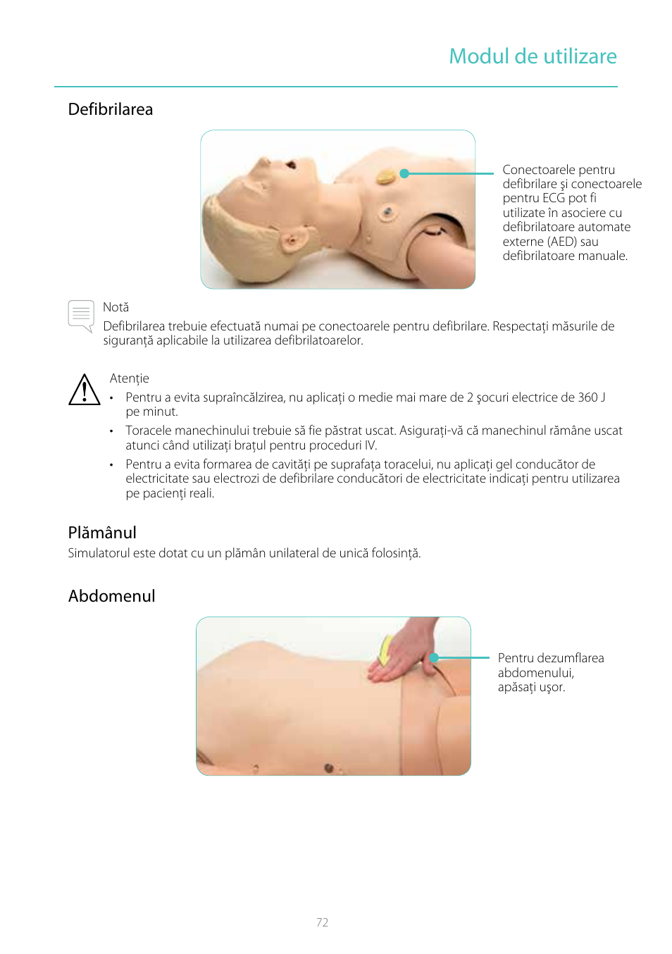 Modul de utilizare, Defibrilarea, Plămânul | Abdomenul | Laerdal Resusci Anne Simulator User Manual | Page 72 / 104