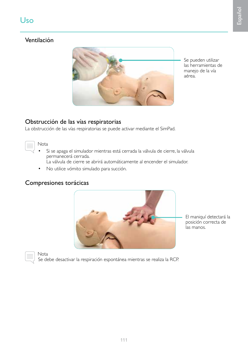 Ventilación obstrucción de las vías respiratorias, Compresiones torácicas | Laerdal Resusci Anne Simulator User Manual | Page 111 / 124