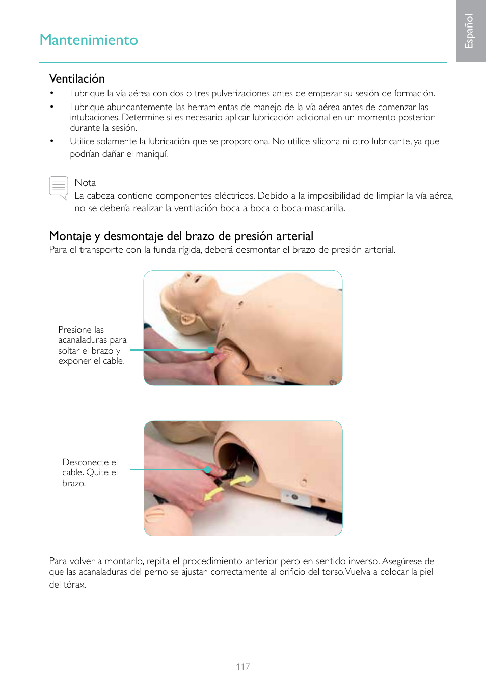 Mantenimiento, Ventilación, Montaje y desmontaje del brazo de presión arterial | Laerdal Resusci Anne Simulator User Manual | Page 117 / 124