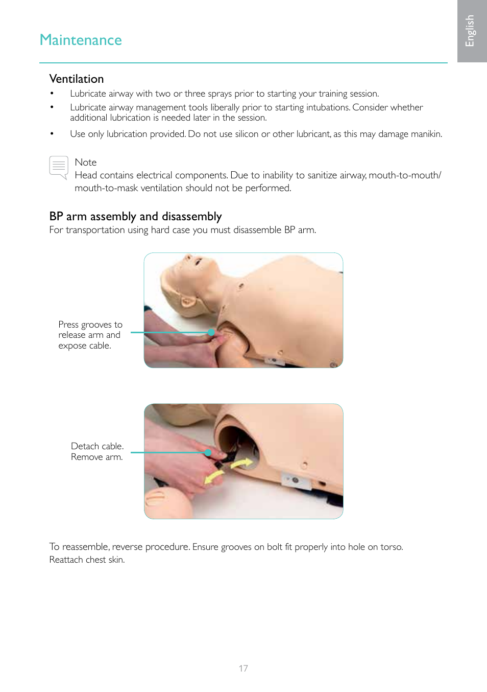 Maintenance, Ventilation, Bp arm assembly and disassembly | Laerdal Resusci Anne Simulator User Manual | Page 17 / 124